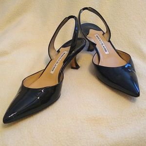 Manolo Blahnik black patent leather sling ack pumps, size 37 1/2